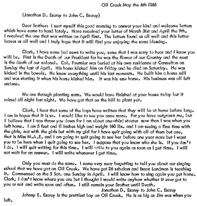 June 6, 1865 letter from Jonathon Davis Esarey